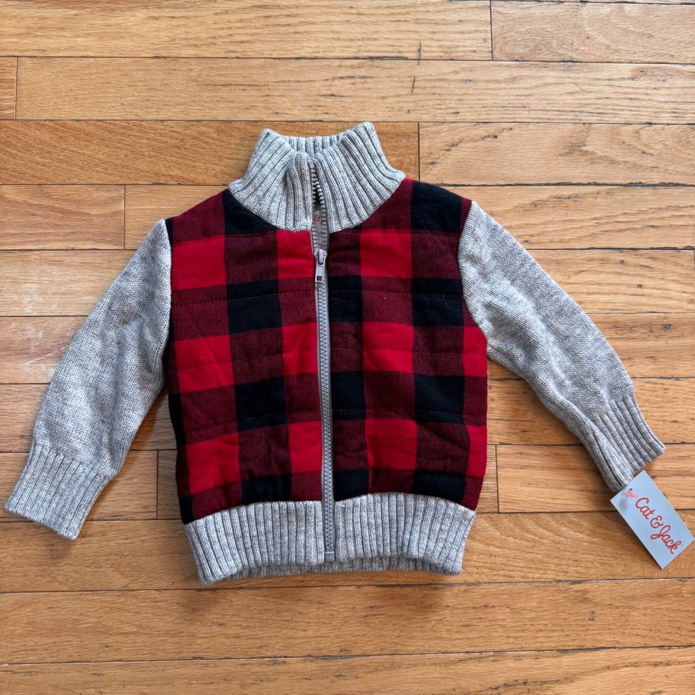 Cat & Jack Baby Boys Buffalo Plaid Sherpa Lined Full Zip Sweater Jacket Grey 12M